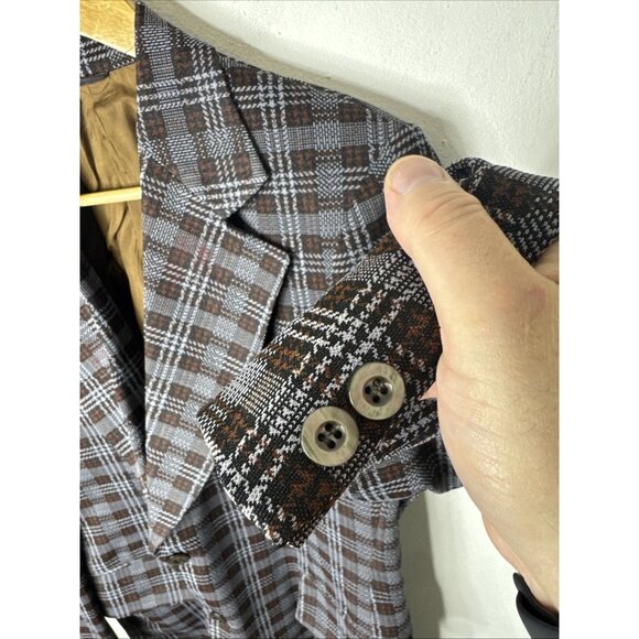 Vintage 70s Plaid Blazer Men’s 40 Brown Gray Check WKRP Herb Tarlek Sport Coat - Picture 2 of 7